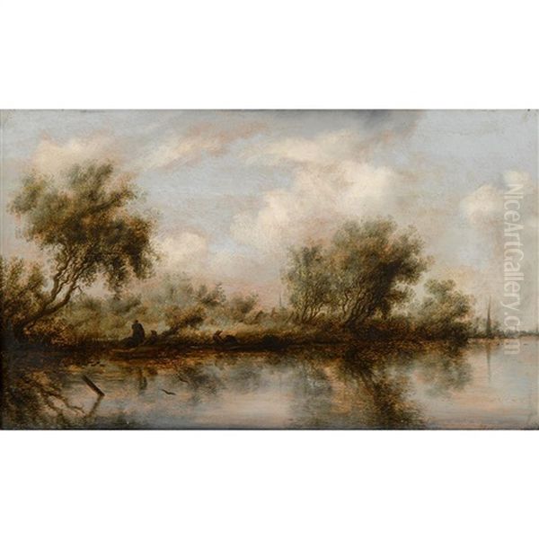 Landscape With River And Figures On Bank Oil Painting by Salomon van Ruysdael