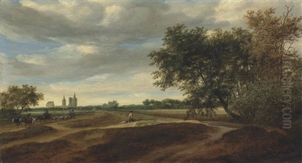 A Wooded Landscape With A Herdsman On Horseback Driving His Cattle And Shepherds With Their Flock, A Man Walking His Dogs In The Dunes, A Village With The Ruins Of Egmond Abbey Beyond Oil Painting by Salomon van Ruysdael