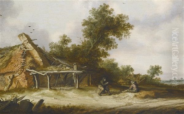 Two Seated Travellers Conversing Beside A Sandy Road In Front Of A Ruined Barn, A Town With A Church Spire In The Distance Oil Painting by Salomon van Ruysdael