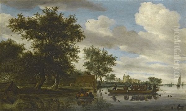 The River Lek With A Rowing Boat And Cattle Ferry, And Liesvelt Castle In The Distance Oil Painting by Salomon van Ruysdael