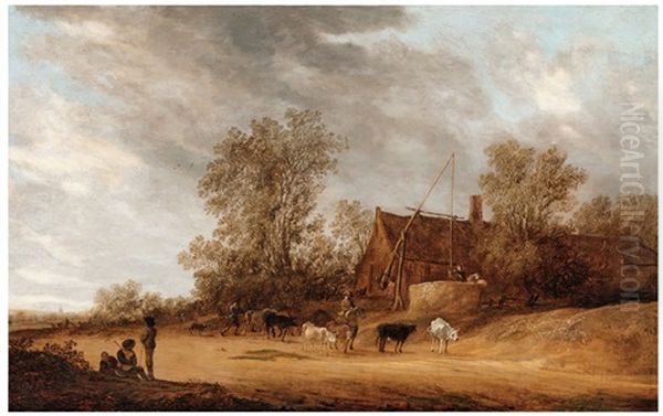 A Village Street With A Herd Of Cows By An Inn Oil Painting by Salomon van Ruysdael