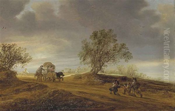 A Dune Landscape With Soldiers Attacking Travellers In A Covered Wagon Oil Painting by Salomon van Ruysdael