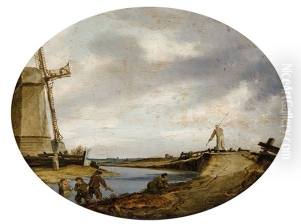 Windmill By The Bank Of A River Oil Painting by Salomon van Ruysdael