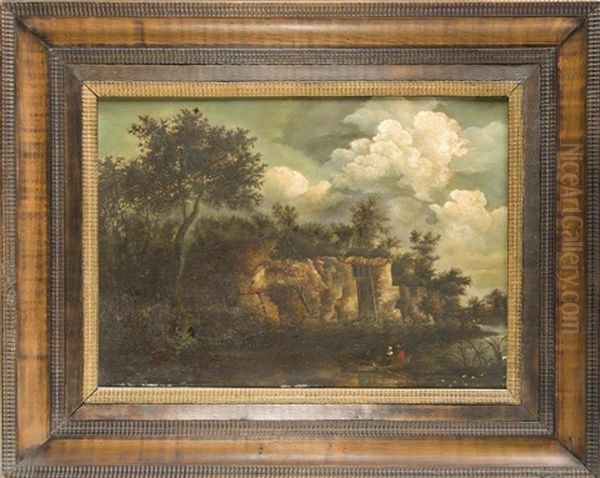 Bewaldete Uferlandschaft Mit Drei Ruderern, Die An Der Pforte Einer Felshutte Vorbeifahren Oil Painting by Salomon van Ruysdael