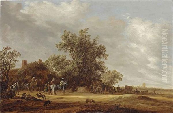 An Extensive Landscape With Travellers Halting At A Farmhouse, A Village Beyond Oil Painting by Salomon van Ruysdael