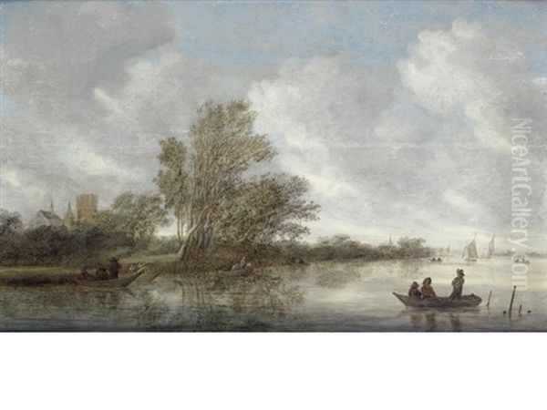 An Extensive River Landscape With Figures In A Barge, A Village Beyond Oil Painting by Salomon van Ruysdael