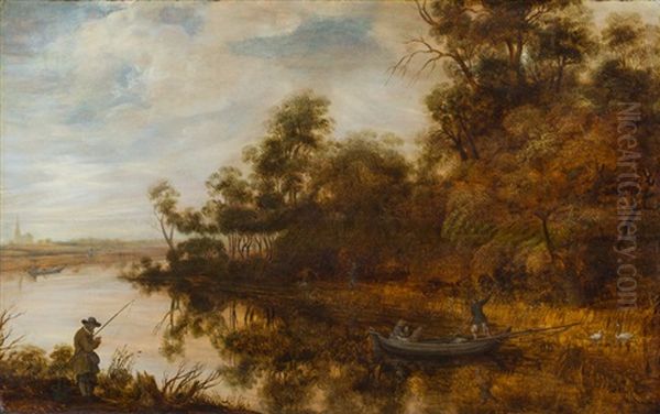 Flusslandschaft Mit Boot, Jager Und Fischer Oil Painting by Salomon van Ruysdael