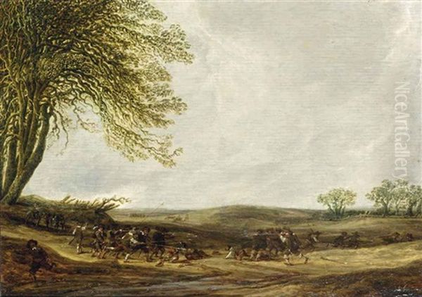 A Hilly Landscape With Infantrymen In Combat Oil Painting by Salomon van Ruysdael