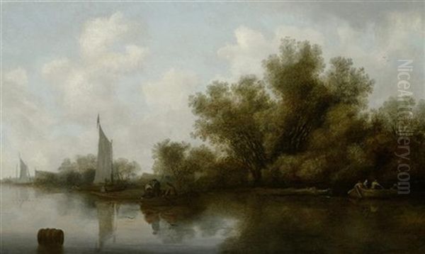 Flusslandschaft Mit Segelschiffen Und Fischern Im Vordergrund Oil Painting by Salomon van Ruysdael