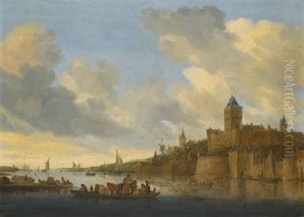 A View Of The Valkhof At Nijmegen Seen From The West, With A Ferry Crossing The River Waal Oil Painting by Salomon van Ruysdael