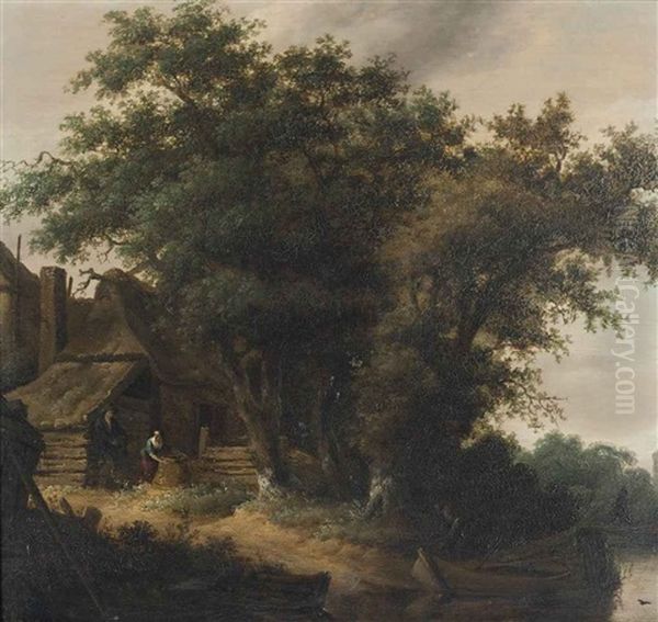 A Wooded River Landscape With Peasants Before A Cottage Oil Painting by Salomon van Ruysdael