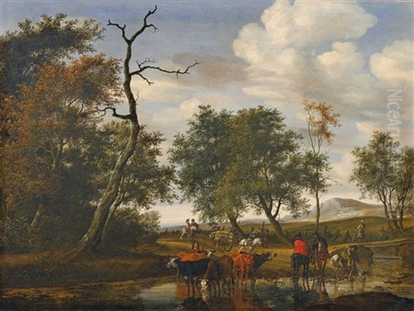 Cattle At A Pond (the Robbery) Oil Painting by Salomon van Ruysdael