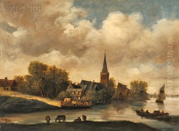 Village On A River With A Ferry Setting Out Oil Painting by Salomon van Ruysdael