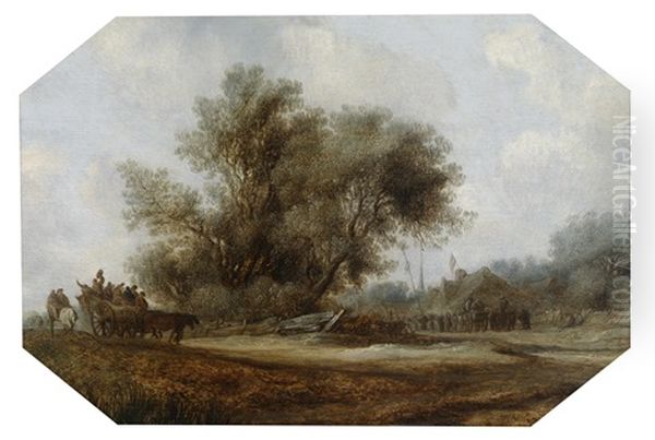 Ein Pferdewagen Auf Einem Weg In Der Nahe Eines Dorfs Oil Painting by Salomon van Ruysdael