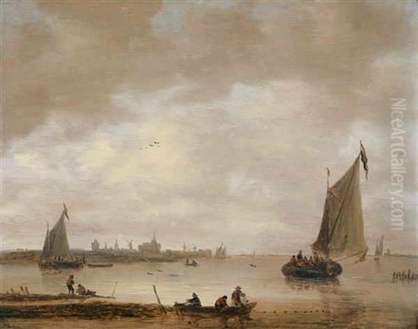 Segelboote Vor Ferner Kustenlandschaft Oil Painting by Salomon van Ruysdael