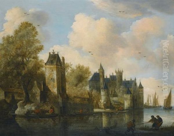 A Fortified Town On A River With A Ferry Oil Painting by Salomon van Ruysdael