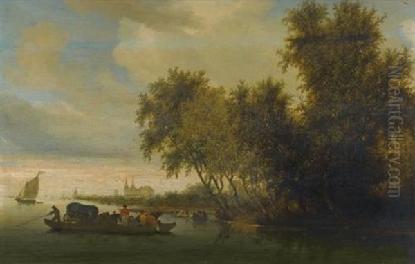 A River Landscape With A Ferry Boat And A Distant View Of Deventer Oil Painting by Salomon van Ruysdael