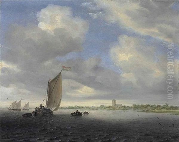 A Wijdship And Other Small Dutch Vessels On An Estuary, A Church Beyond Oil Painting by Salomon van Ruysdael