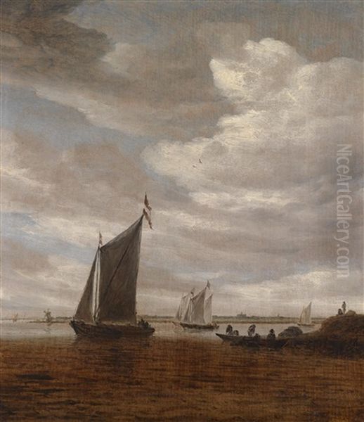 Eine Flussmundung Mit Segelbooten Und Einem Ruderboot Oil Painting by Salomon van Ruysdael