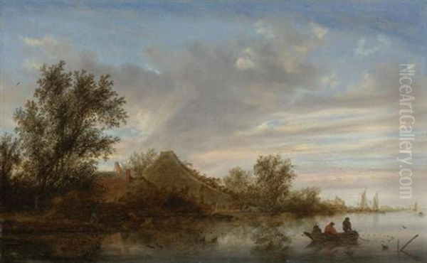 A River Landscape With Fishermen In Rowing Boats And Peasants By A Landing Stage Near A Farmhouse, Shipping Beyond Oil Painting by Salomon van Ruysdael