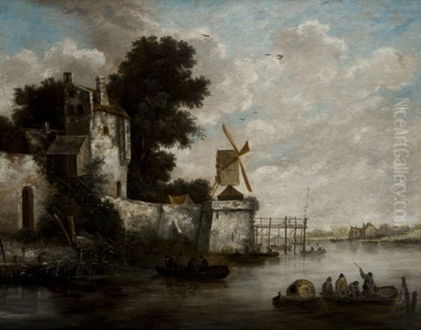 Paesaggio Fluviale Con Mulino, Imbarcazioni E Pescatori (landscape With Windmill, Boats And Fisherman) Oil Painting by Salomon van Ruysdael