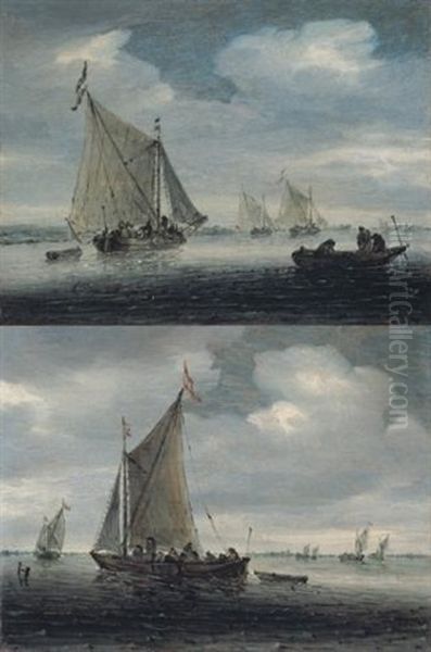 An Estuary Scene With A Kaag Close-hauled In A Light Breeze And Other Small Vessels Beyond (+ An Estuary Scene With A Kaag Running Before A Light Breeze, And Others Similar Beyond; Pair) Oil Painting by Salomon van Ruysdael