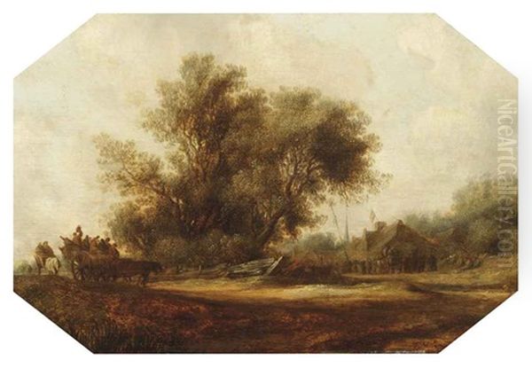 A Landscape With Travelers In A Cart Along A Path, A Village Feast With A Maypole In The Background Oil Painting by Salomon van Ruysdael