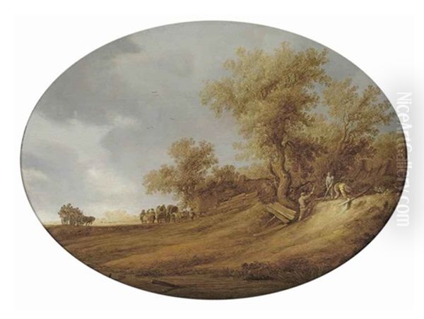 A Dune Landscape With Travelers On A Path And Three Men Mending A Fence Oil Painting by Salomon van Ruysdael