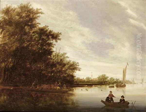 A River Landscape With A Crowded Ferry Crossing And Fishermen In A Rowing Boat, A Village Beyond Oil Painting by Salomon van Ruysdael