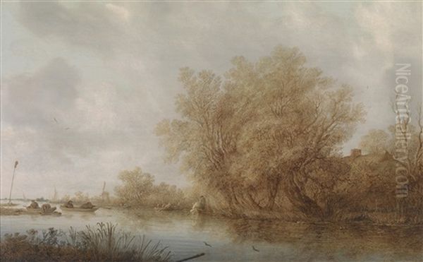 Eine Weite Flusslandschaft Mit Einer Entenjagd Oil Painting by Salomon van Ruysdael