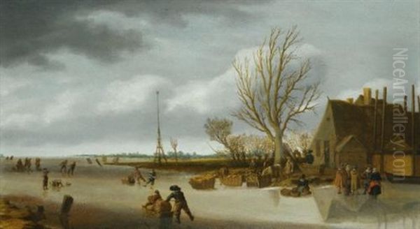 Winter Landscape With A Boy On Skates Pushing A Sled Oil Painting by Salomon van Ruysdael