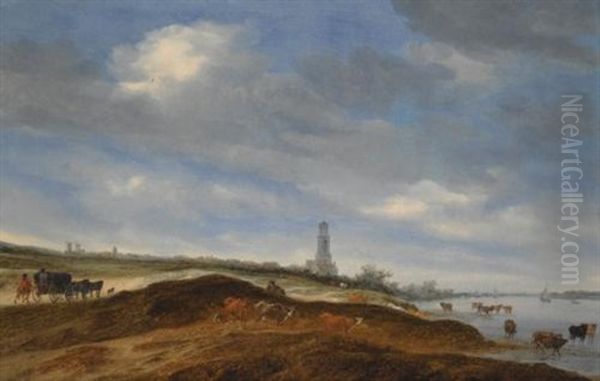 A Panoramic View Of Rhenen From The Banks Of The Rhine To The West Of The City, With The Church Of St. Cunera In The Distance, And A Horse-drawn Wagon And Cattle In The Foreground Oil Painting by Salomon van Ruysdael