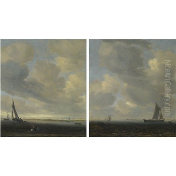 An Estuary Scene With A View Of Haarlem Beyond (+ An Estuary Scene With Light Shipping; Pair) Oil Painting by Salomon van Ruysdael