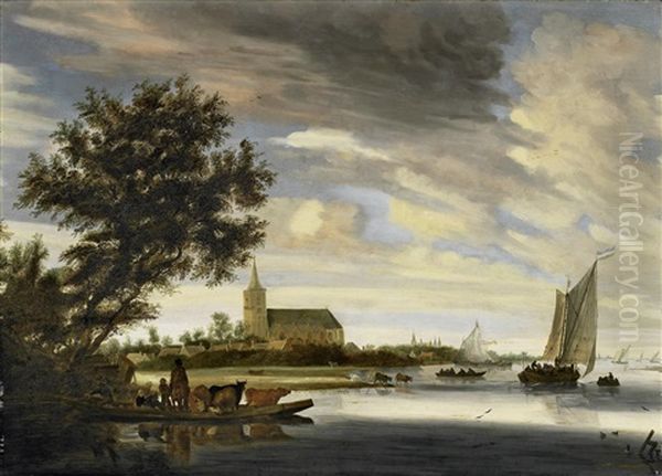 Grose Fluslandschaft Mit Fahre Oil Painting by Salomon van Ruysdael