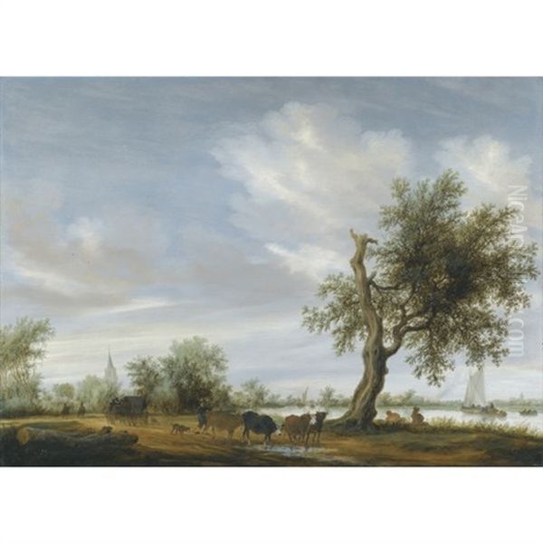 A River Landscape With Travellers And Herders On A Path, A Church Beyond Oil Painting by Salomon van Ruysdael