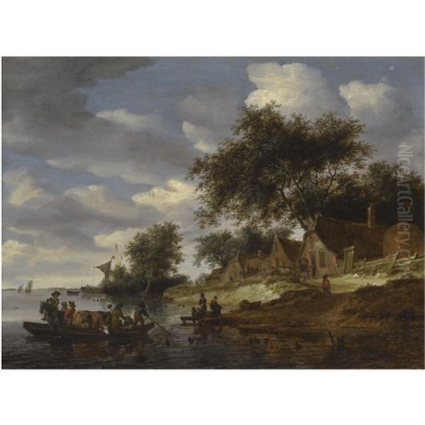 A River Landscape With Figures Crossing To The Shore On A Cattle Ferry, With Washerwomen On The Bank Oil Painting by Salomon van Ruysdael