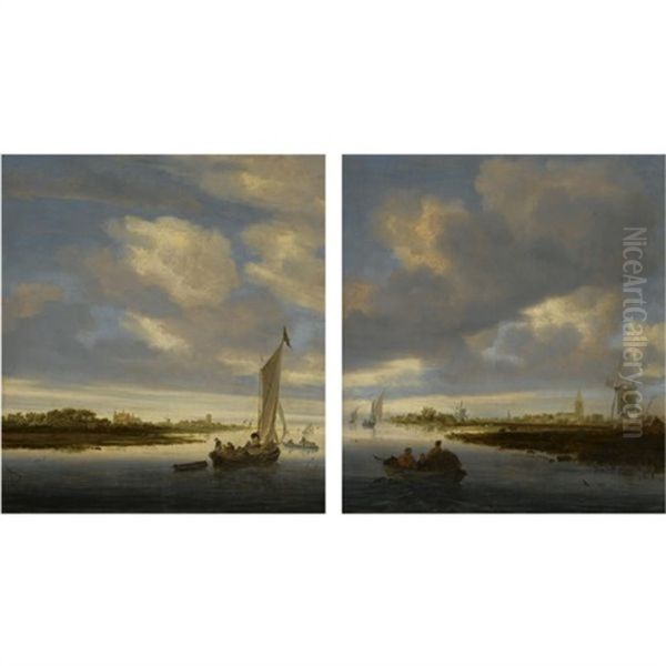 A River Landscape With A Sailing Boat Heading Seaward, A Large Church On The Bank To Its Left (+ A River Landscape With Figures In A Rowing Boat, Three Windmills And A Church On The Bank To Its Right; Pair) Oil Painting by Salomon van Ruysdael