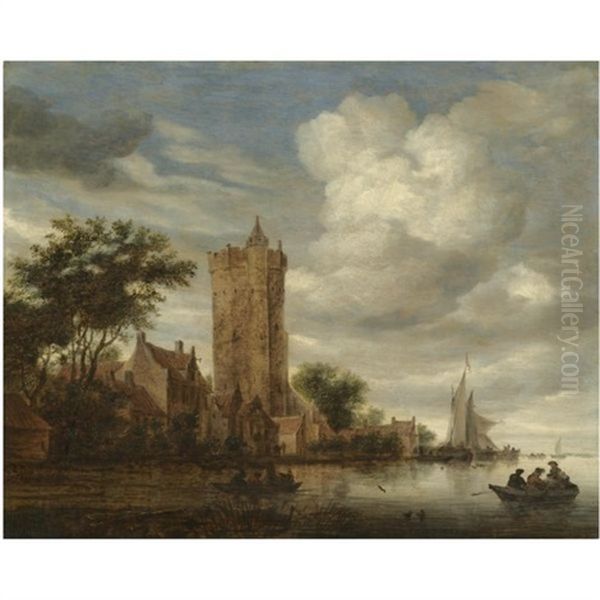 A River Landscape With A View Of The Bijlhouwerstoren, Utrecht, Set In A Village On The Bank Oil Painting by Salomon van Ruysdael