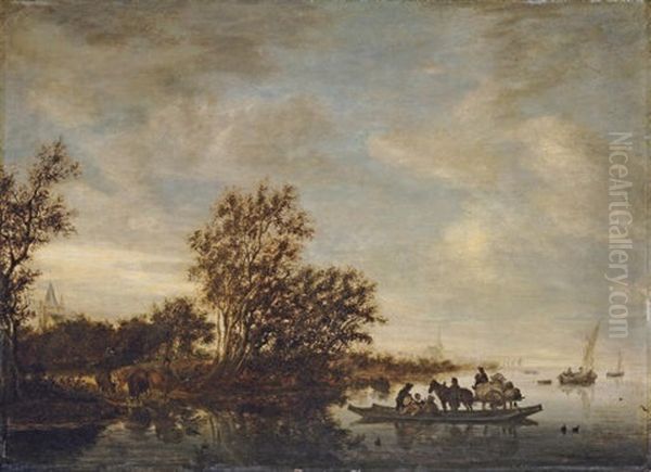 A River Landscape By Herwen And Aerdt In Gelderland, With A Ferry Taking A Horse And Cart Oil Painting by Salomon van Ruysdael