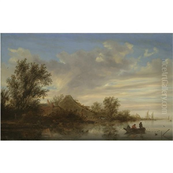 A River Landscape With Fishermen In Rowing Boats Oil Painting by Salomon van Ruysdael