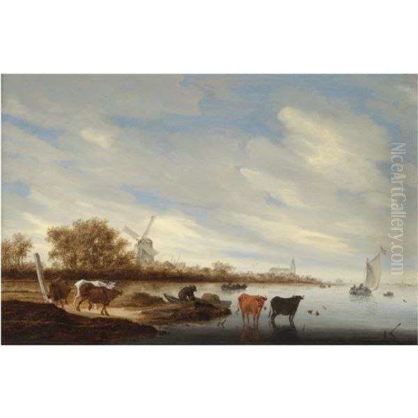 A River Estuary With Cows In The Foreground Shallows, A Fisherman Unloading His Catch Beyond Oil Painting by Salomon van Ruysdael