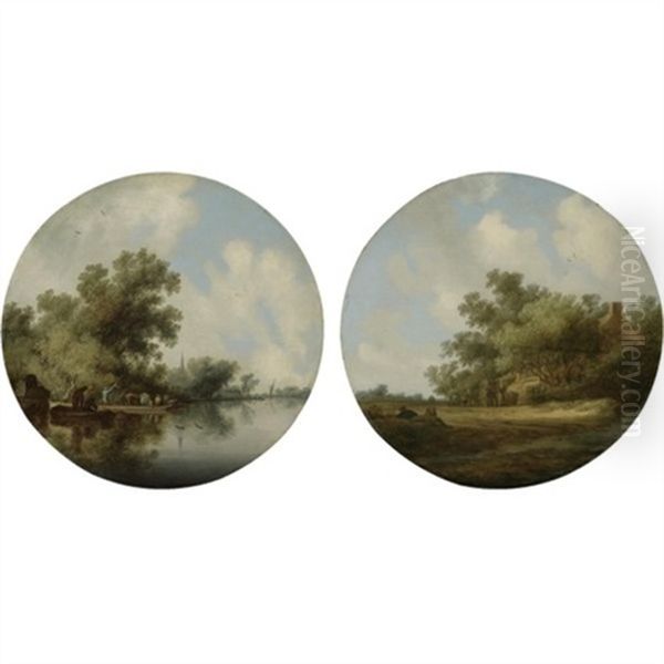 A River Landscape With A Cattle Ferry By A Wooded Bank (+ A Landscape With Figures In A Wagon By A House Overhung With Tress; Pair) Oil Painting by Salomon van Ruysdael