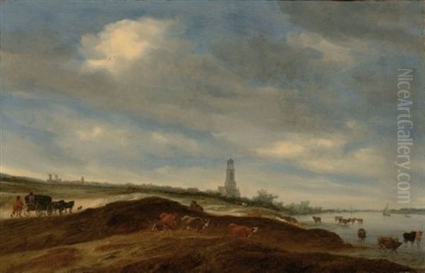 A Panoramic View Of Rhenen From The Banks Of The Rhine To The West Of The City, With The Church Of St. Cunera In The Distance, And A Horse-drawn Wagon And Cattle In The Foreground Oil Painting by Salomon van Ruysdael