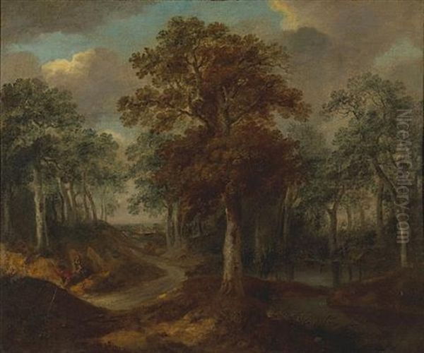 A Wooded Landscape With Figures Quarrying By The Roadside With A Village Beyond Oil Painting by Salomon van Ruysdael