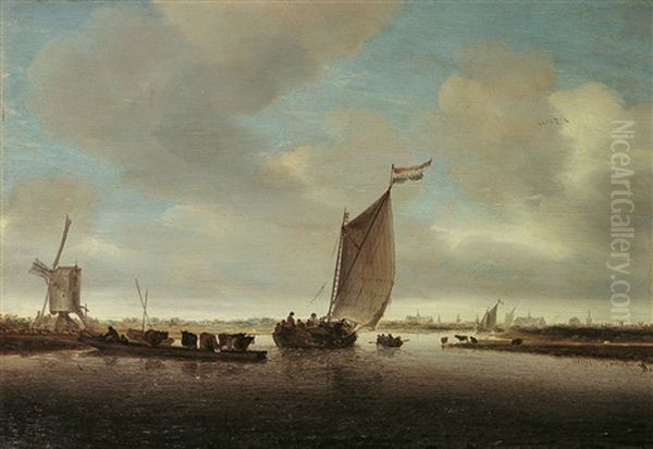 Flusslandschaft Mit Fahre Und Einem Mit Vieh Beladenem Boot Oil Painting by Salomon van Ruysdael