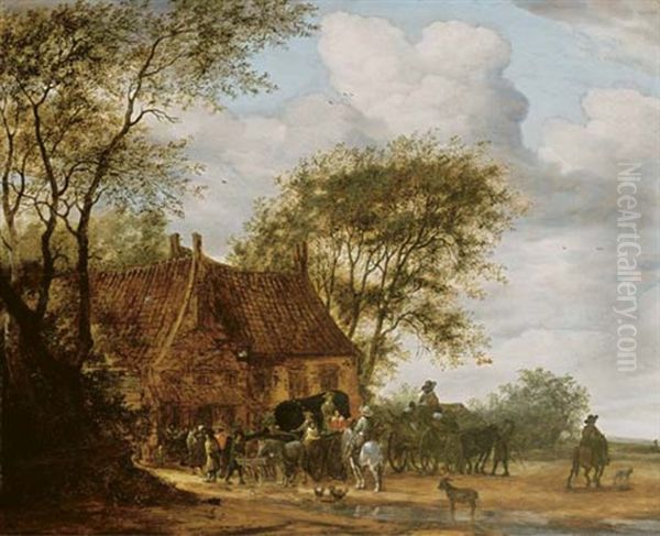 A Wooded Landscape With Travelers By An Inn Oil Painting by Salomon van Ruysdael