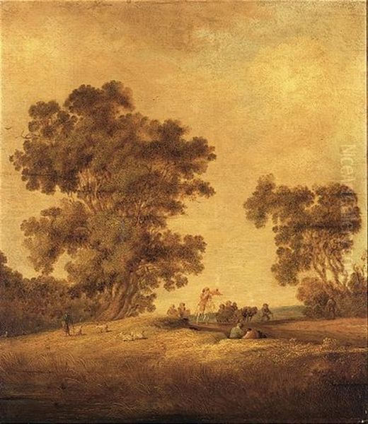 A Trumpeter And Two Horsemen With A Horse-drawn Cart In A Landscape, A Shepherd With His Herd Near A Group Of Trees On The Left Oil Painting by Salomon van Ruysdael