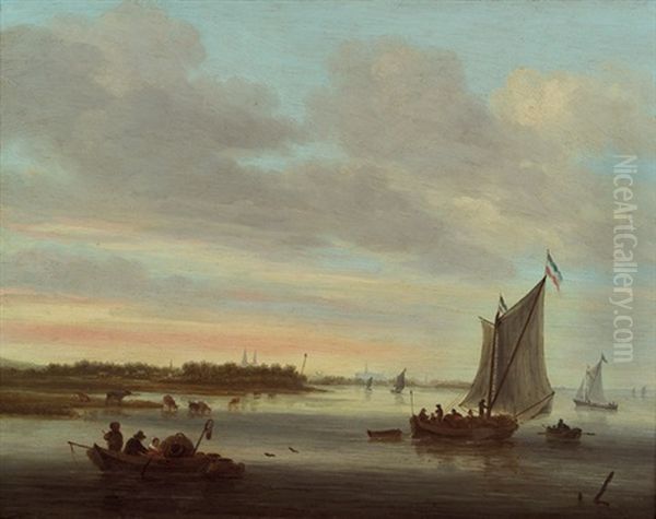 Fischerboote In Der Abenddammerung Oil Painting by Salomon van Ruysdael