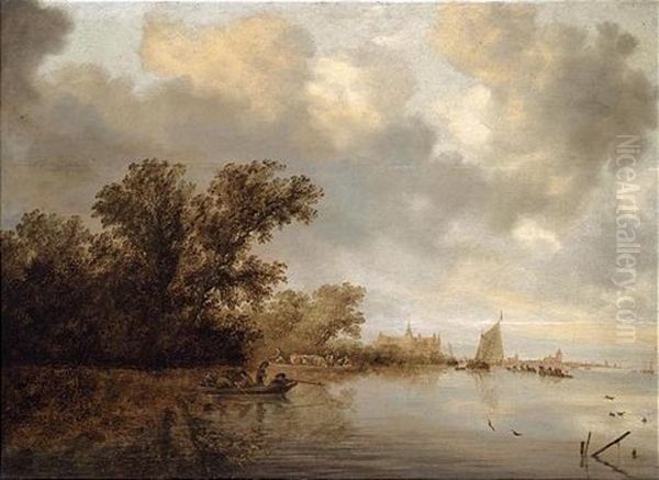 A River Landscape With A Ferryboat And Fishing-boat With A Man Shooting Ducks, A Town Beyond Oil Painting by Salomon van Ruysdael