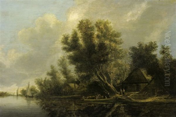 Bewaldete Flusslandschaft Mit Bauernhausern Und Einer Fahre Oil Painting by Salomon van Ruysdael